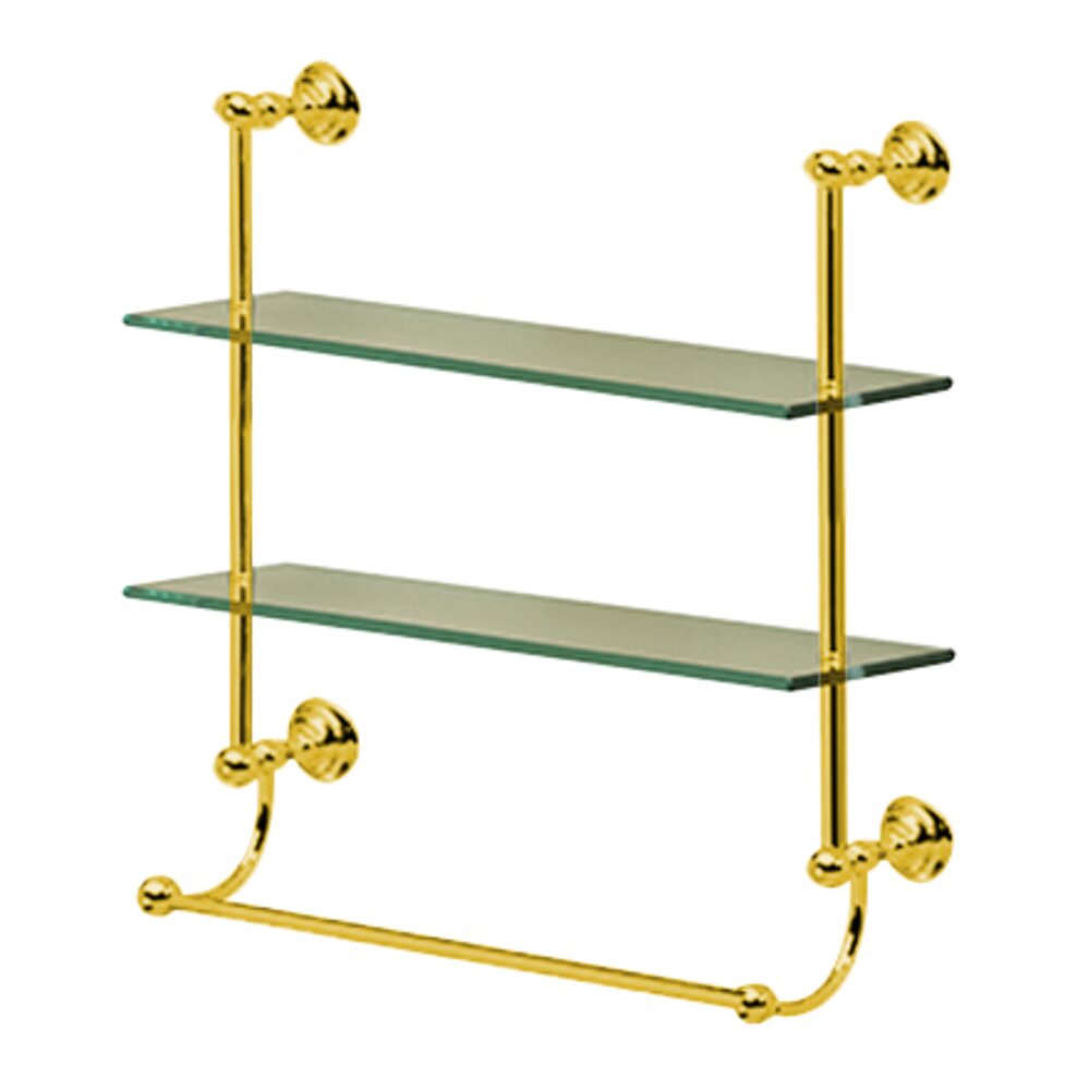 Valsan Bath Two Tier Glass Shelf with Towel Bar in Unlacquered Brass