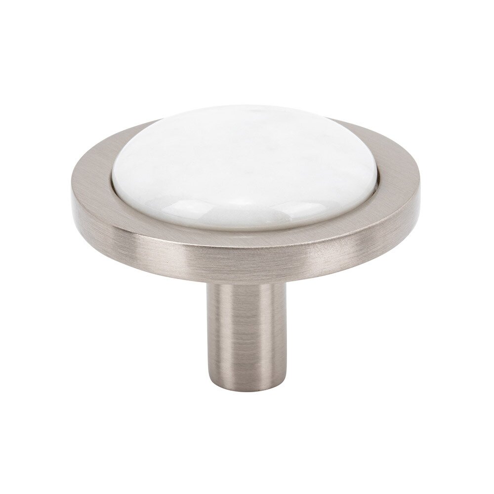 Vesta Hardware 1 9/16" Round Carrara White Knob in Brushed Satin Nickel