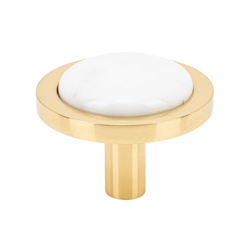 Vesta Hardware 1 9/16" Round Carrara White Knob in Polished Brass