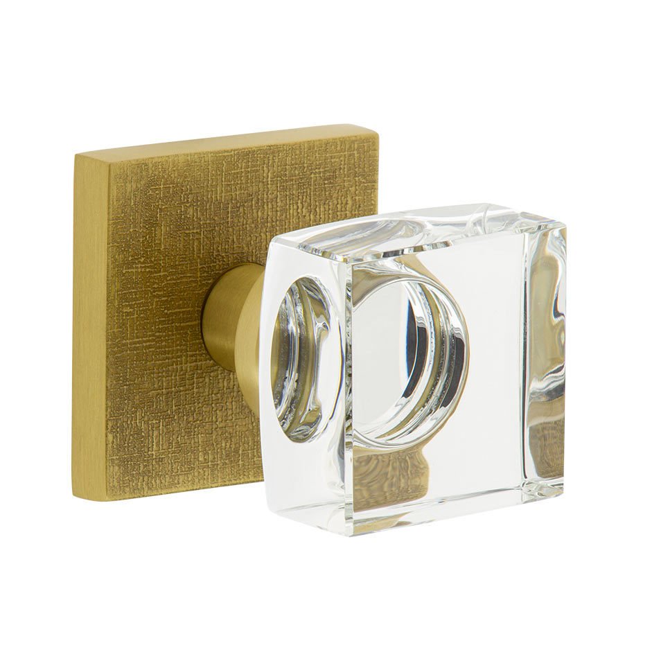 Viaggio Complete Privacy Set - Quadrato Linen Rosette with Quadrato Crystal Knob in Satin Brass