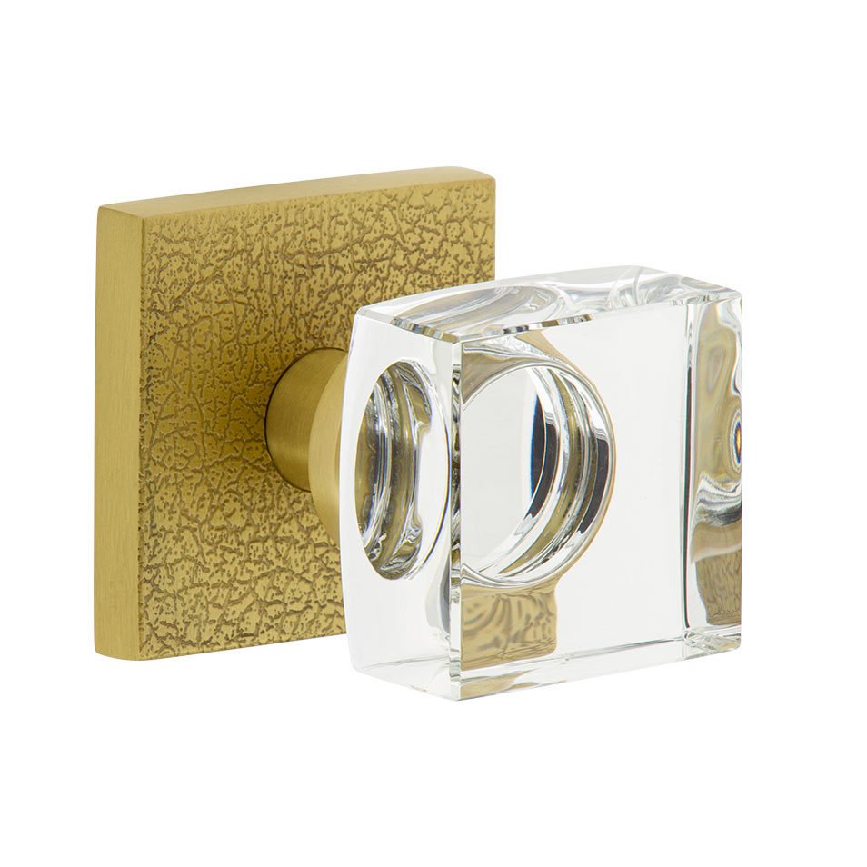 Viaggio Complete Privacy Set - Quadrato Leather Rosette with Quadrato Crystal Knob in Satin Brass
