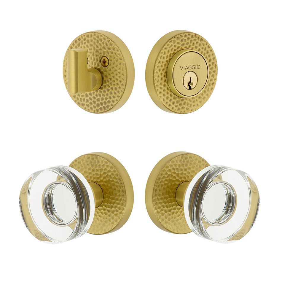 Viaggio Circolo Hammered Rosette with Circolo Crystal Knob and matching Deadbolt in Satin Brass