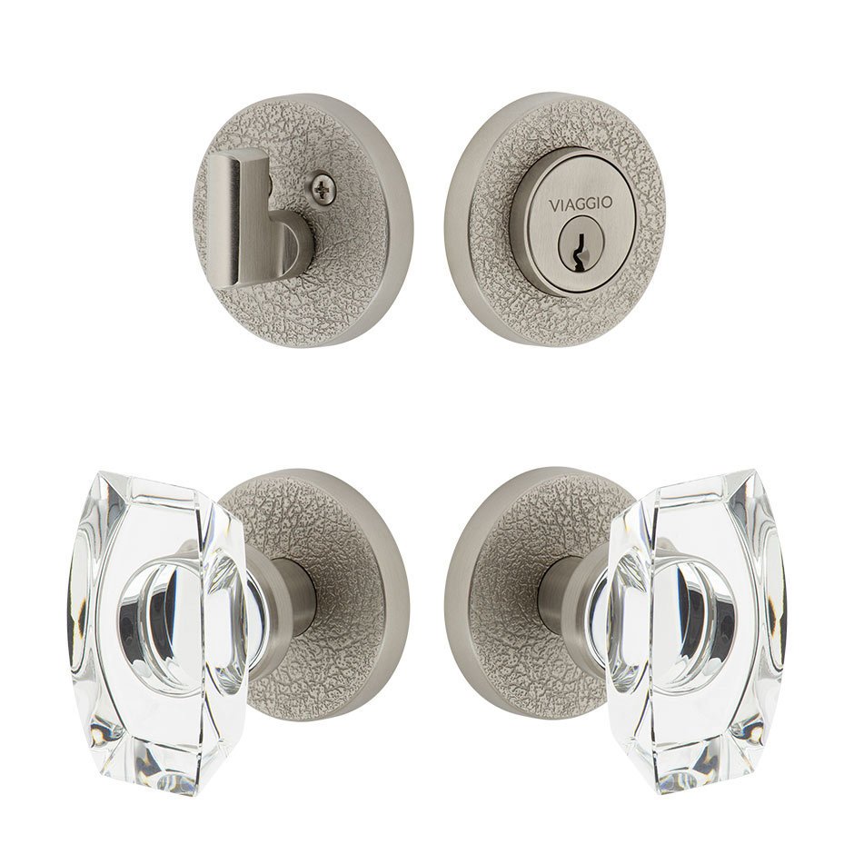Viaggio Circolo Leather Rosette with Stella Crystal Knob and matching Deadbolt in Satin Nickel