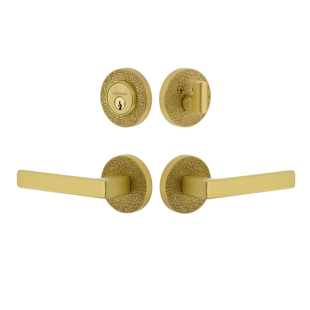 Viaggio Circolo Leather Rosette with Lusso Lever and matching Deadbolt in Satin Brass