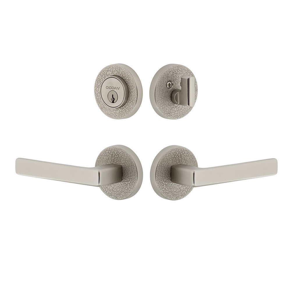 Viaggio Circolo Leather Rosette with Lusso Lever and matching Deadbolt in Satin Nickel