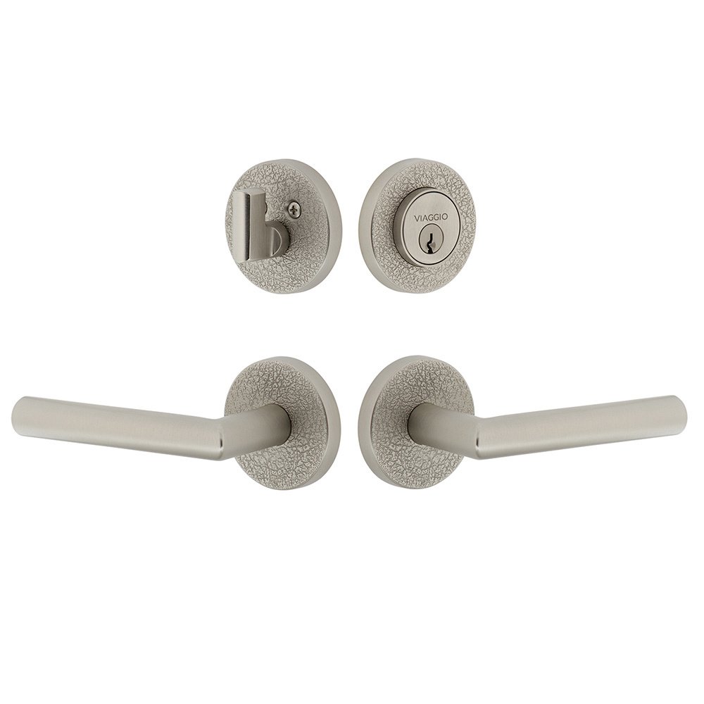 Viaggio Circolo Leather Rosette with Moderno Lever and matching Deadbolt in Satin Nickel