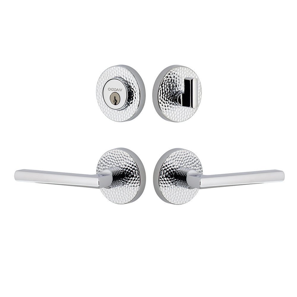 Viaggio Circolo Hammered Rosette with Milano Lever and matching Deadbolt in Bright Chrome