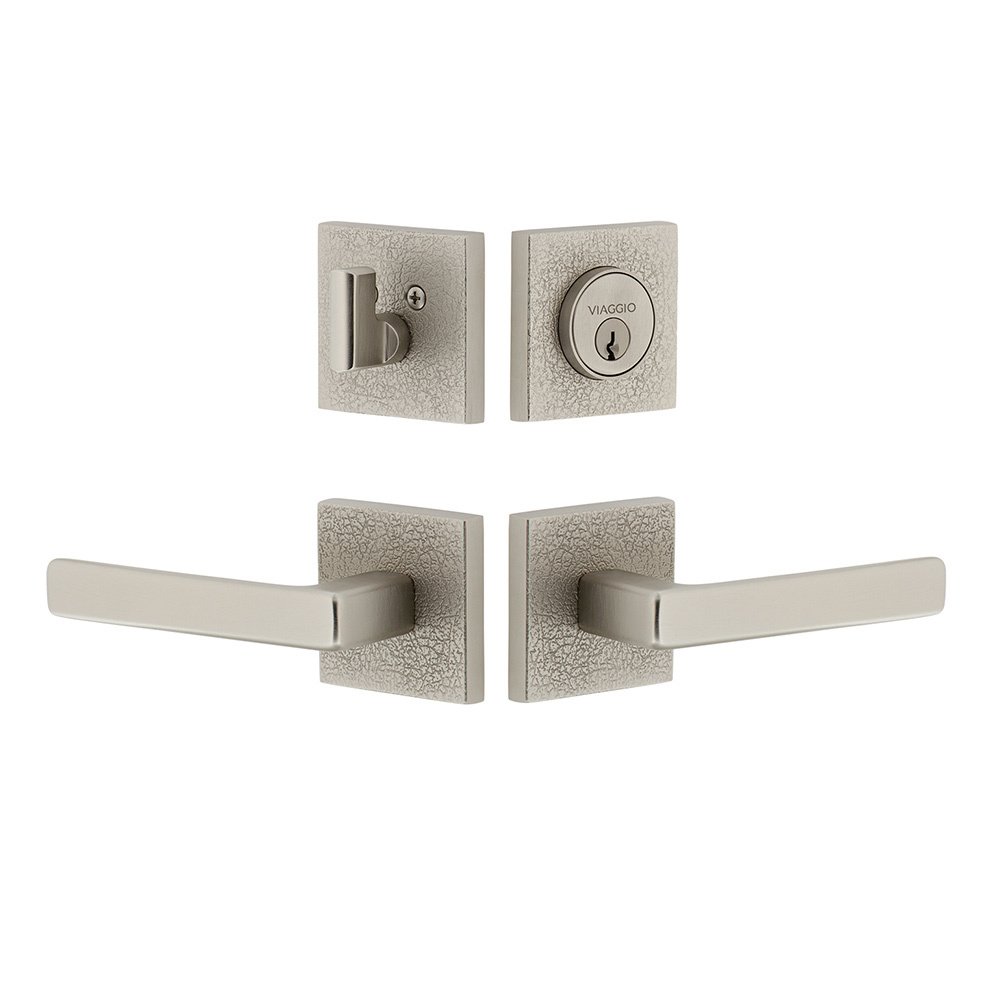 Viaggio Quadrato Leather Rosette with Lusso Lever and matching Deadbolt in Satin Nickel
