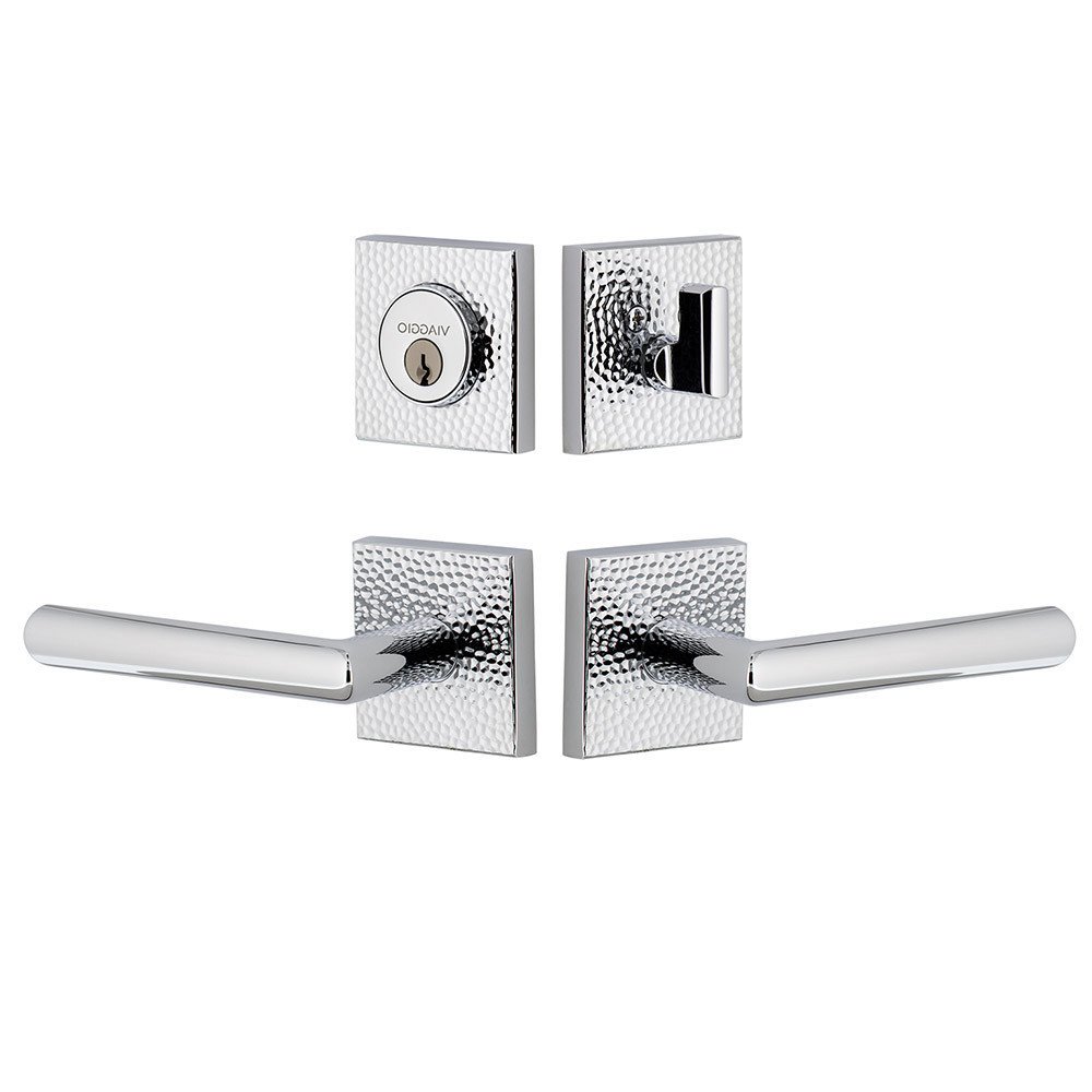 Viaggio Quadrato Hammered Rosette with Moderno Lever and matching Deadbolt in Bright Chrome