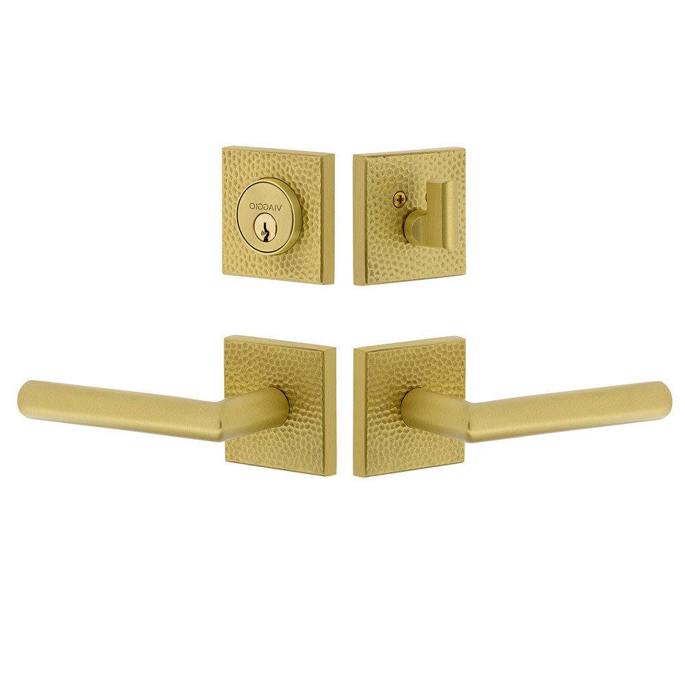 Viaggio Quadrato Hammered Rosette with Moderno Lever and matching Deadbolt in Satin Brass
