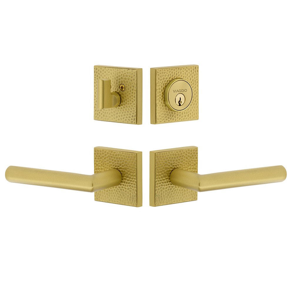 Viaggio Quadrato Hammered Rosette with Moderno Lever and matching Deadbolt in Satin Brass