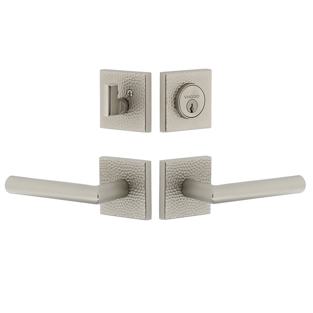 Viaggio Quadrato Hammered Rosette with Moderno Lever and matching Deadbolt in Satin Nickel