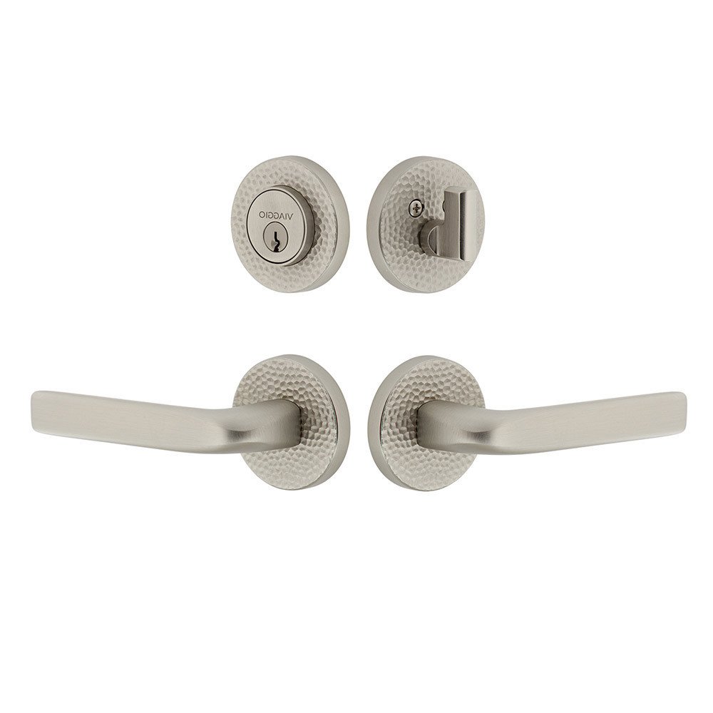 Viaggio Circolo Hammered Rosette with Bella Lever and matching Deadbolt in Satin Nickel