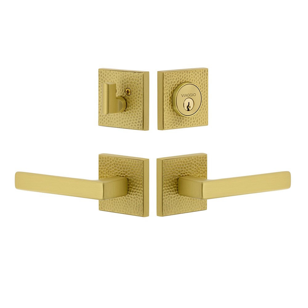 Viaggio Quadrato Hammered Rosette with Lusso Lever and matching Deadbolt in Satin Brass