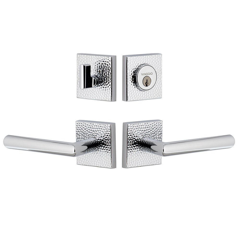 Viaggio Quadrato Hammered Rosette with Moderno Lever and matching Deadbolt in Bright Chrome