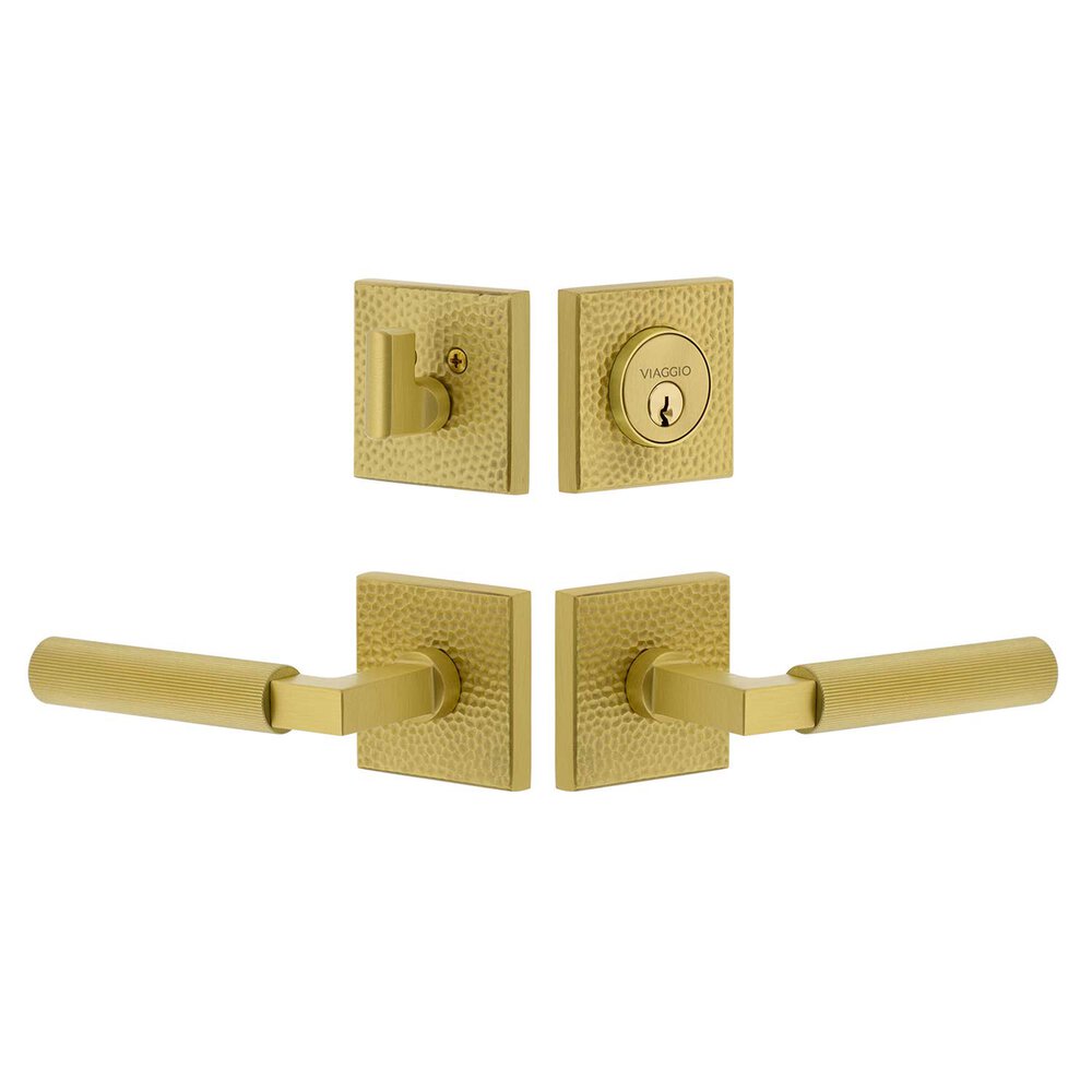Viaggio Quadrato Hammered Rosette with Contempo Fluted Lever and matching Deadbolt in Satin Brass