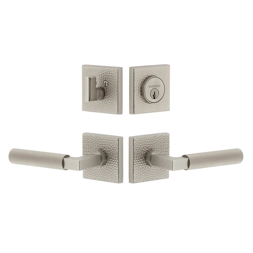 Viaggio Quadrato Hammered Rosette with Contempo Fluted Lever and matching Deadbolt in Satin Nickel
