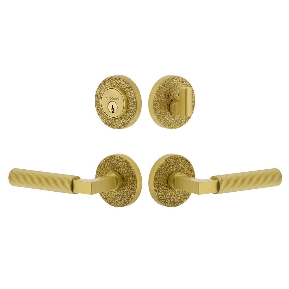 Viaggio Circolo Leather Rosette with Contempo Fluted Lever and matching Deadbolt in Satin Brass
