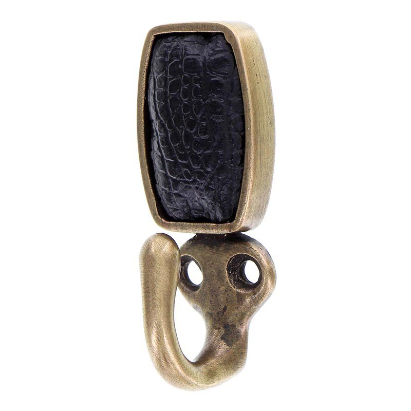 Vicenza Hardware Single Hook with Insert in Antique Brass with Black Leather Insert