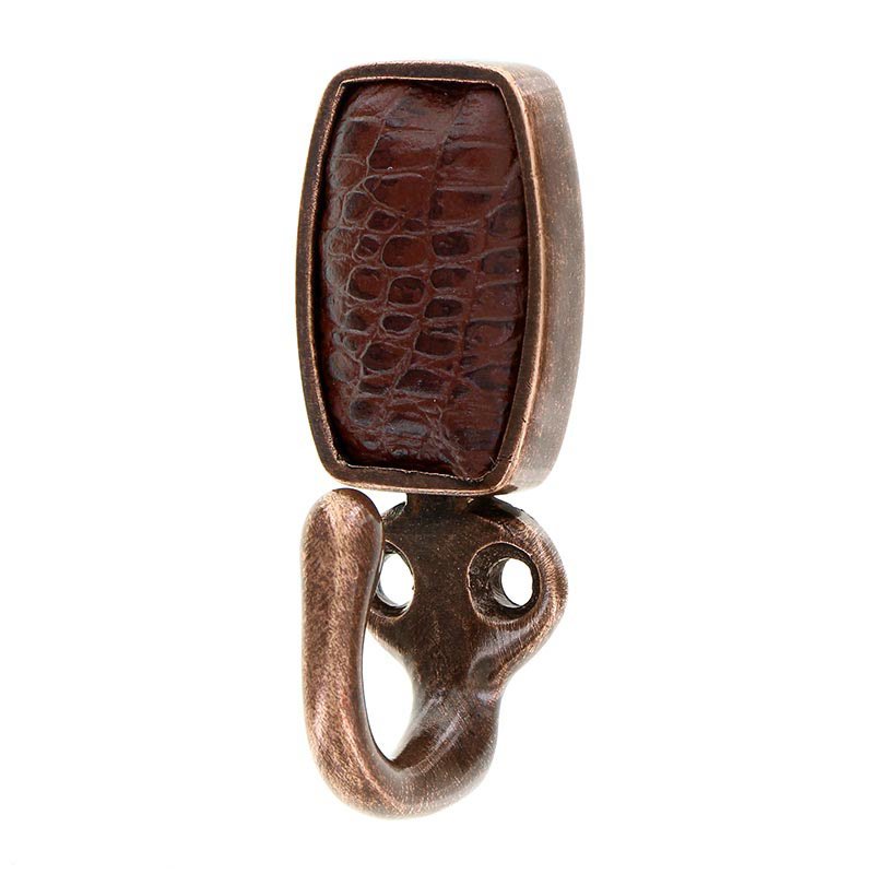Vicenza Hardware Single Hook with Insert in Antique Copper with Brown Leather Insert