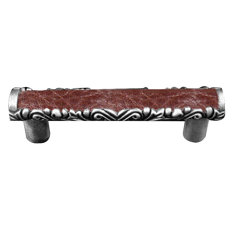 Vicenza Hardware 3" Centers Pull with Insert in Antique Silver with Brown Leather Insert