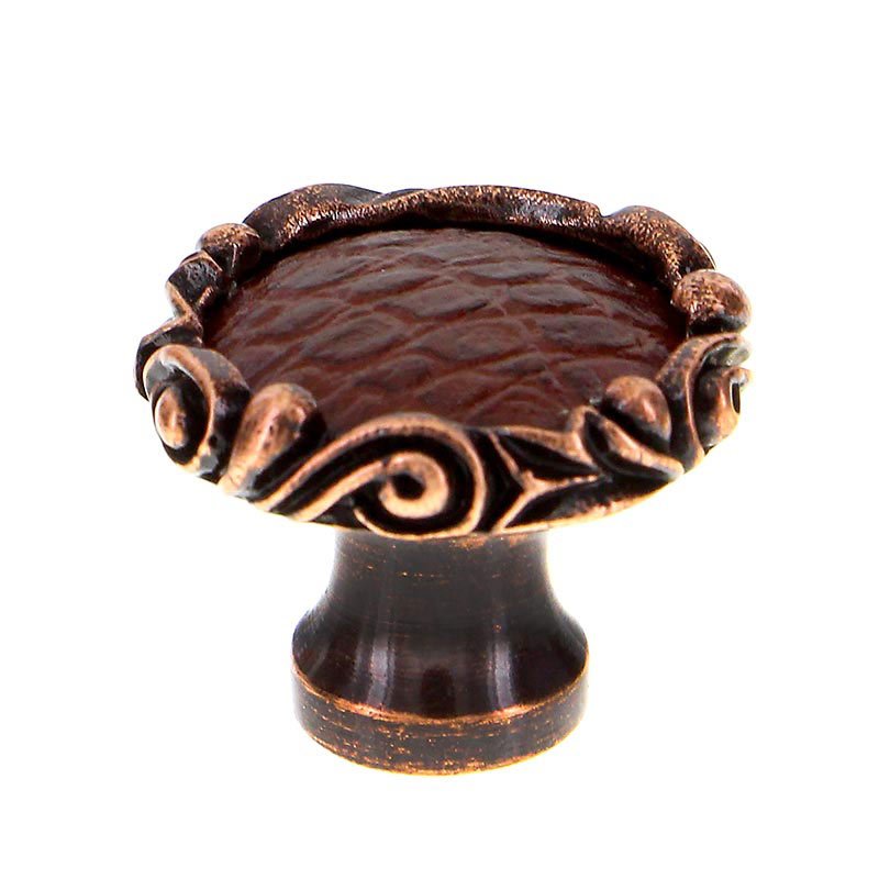 Vicenza Hardware 1 1/4" Knob with Small Base and Insert in Antique Copper with Brown Leather Insert