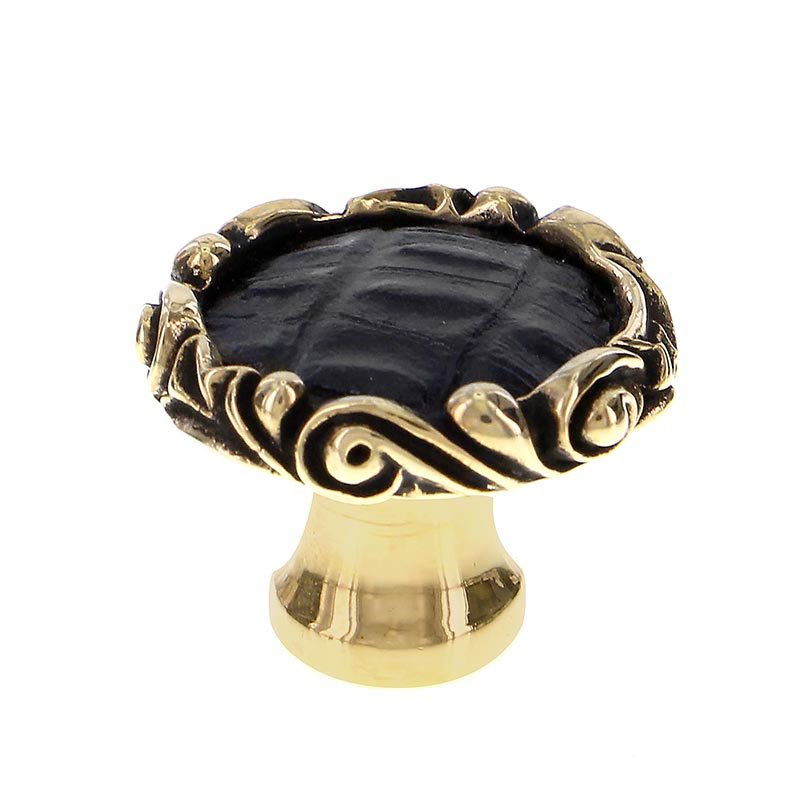 Vicenza Hardware 1 1/4" Knob with Small Base and Insert in Antique Gold with Black Leather Insert