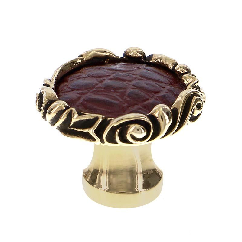 Vicenza Hardware 1 1/4" Knob with Small Base and Insert in Antique Gold with Brown Leather Insert
