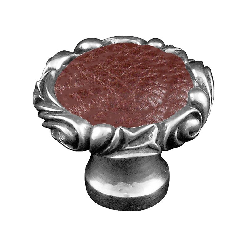 Vicenza Hardware 1 1/4" Knob with Small Base and Insert in Antique Silver with Brown Leather Insert