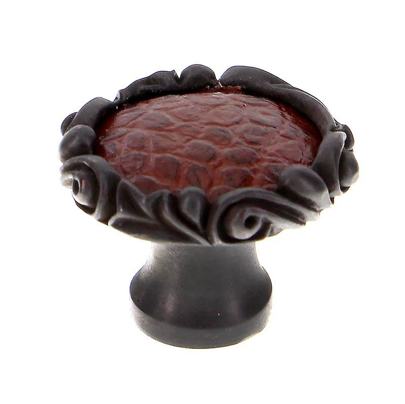 Vicenza Hardware 1 1/4" Knob with Small Base and Insert in Oil Rubbed Bronze with Brown Leather Insert