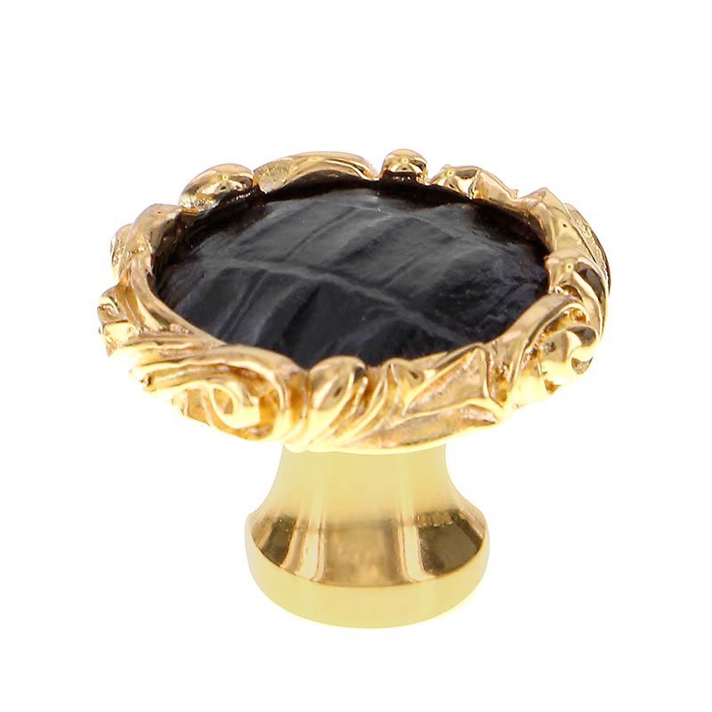 Vicenza Hardware 1 1/4" Knob with Small Base and Insert in Polished Gold with Black Leather Insert