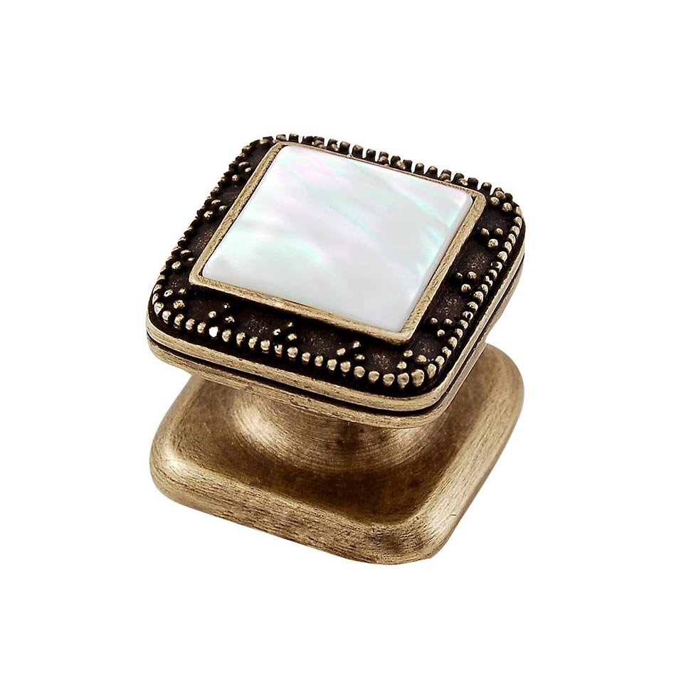 Vicenza Hardware Square Gem Stone Knob Design 4 in Antique Brass with White Mother Of Pearl Insert