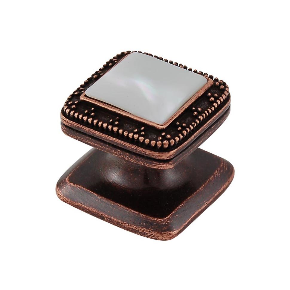Vicenza Hardware Square Gem Stone Knob Design 4 in Antique Copper with White Mother Of Pearl Insert