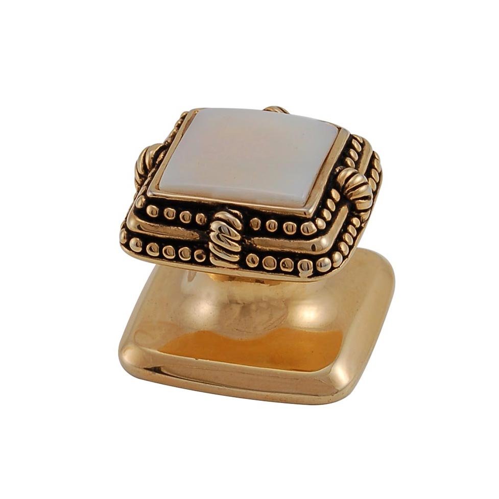 Vicenza Hardware Square Gem Stone Knob Design 1 in Antique Gold with White Mother Of Pearl Insert