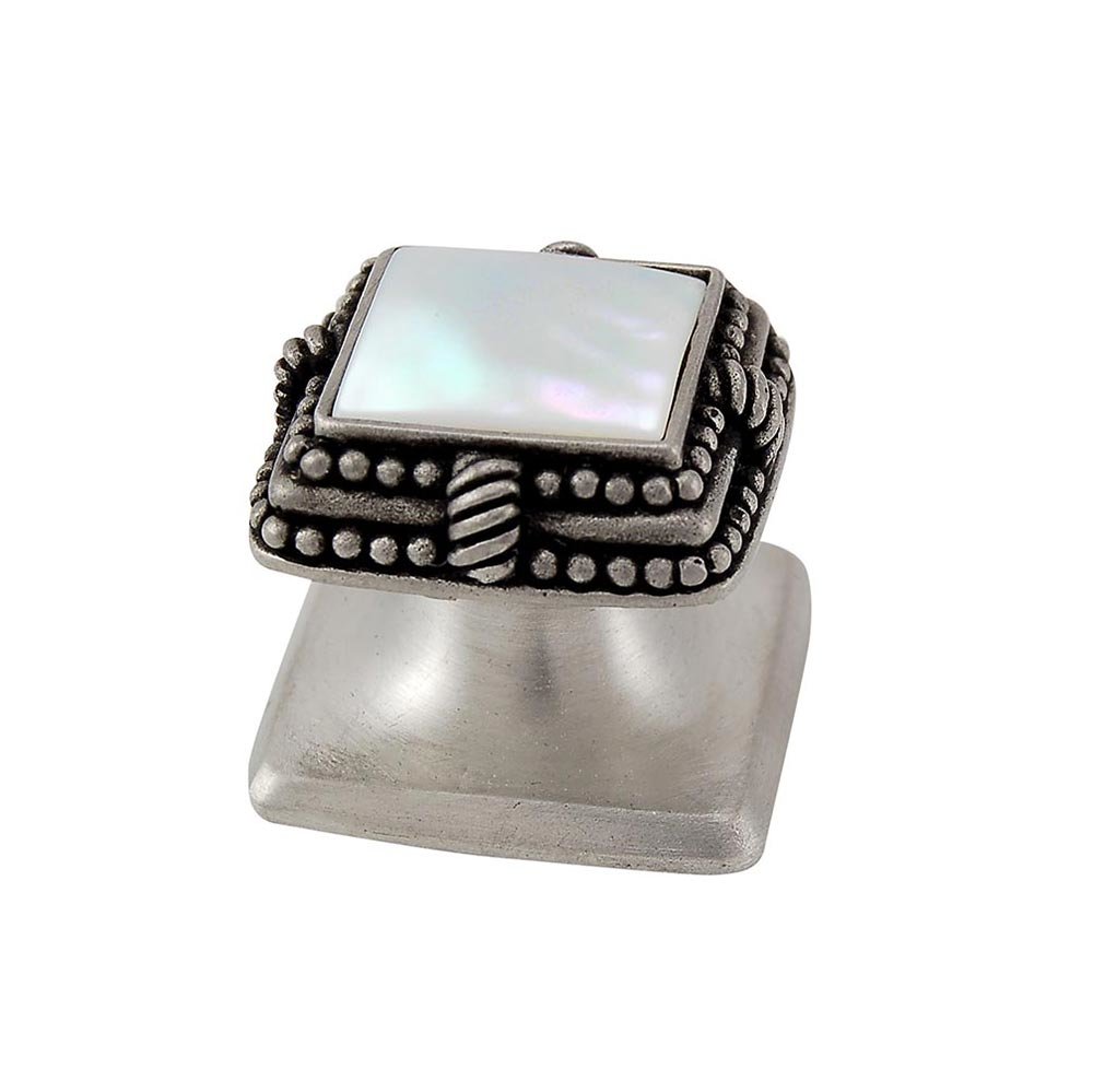 Vicenza Hardware Square Gem Stone Knob Design 1 in Antique Nickel with White Mother Of Pearl Insert