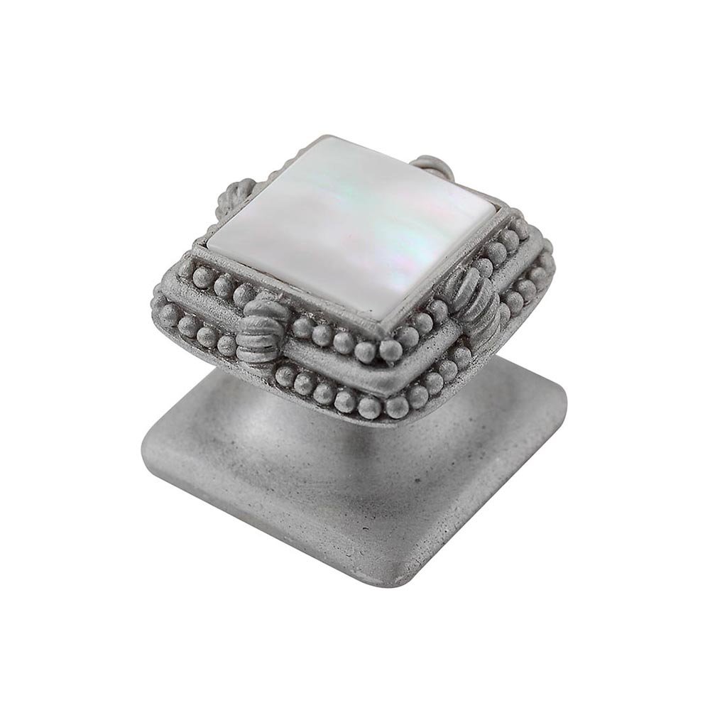 Vicenza Hardware Square Gem Stone Knob Design 1 in Satin Nickel with White Mother Of Pearl Insert