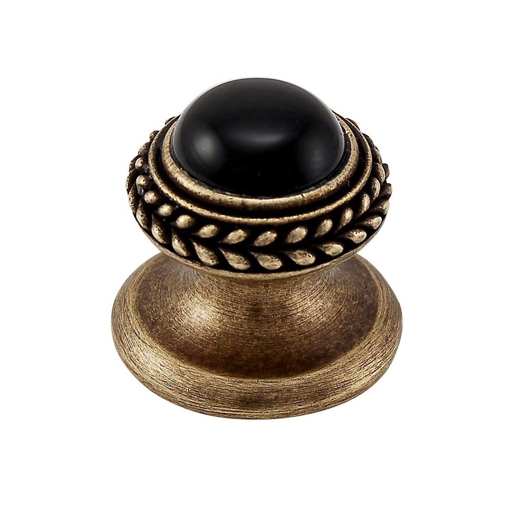 Vicenza Hardware Round Gem Stone Knob Design 2 in Antique Brass with Black Onyx Insert