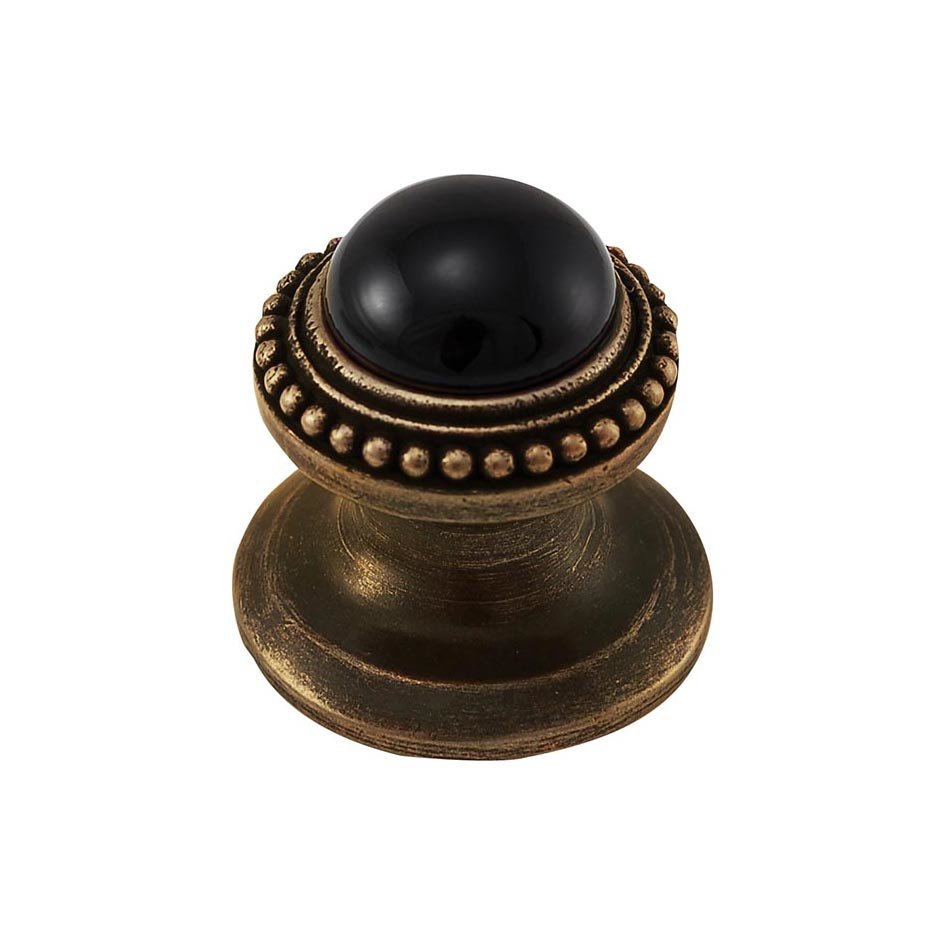 Vicenza Hardware Round Gem Stone Knob Design 1 in Antique Brass with Black Onyx Insert