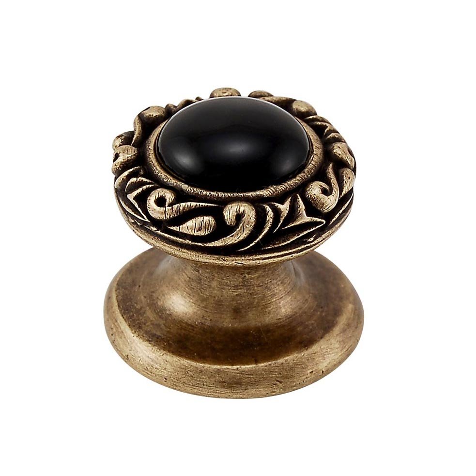 Vicenza Hardware Round Gem Stone Knob Design 3 in Antique Brass with Black Onyx Insert