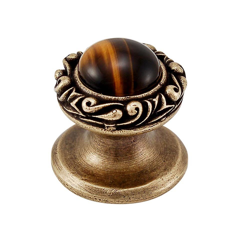 Vicenza Hardware Round Gem Stone Knob Design 3 in Antique Brass with Tigers Eye Insert