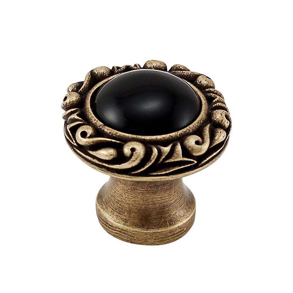 Vicenza Hardware 1" Round Knob with Small Base with Stone Insert in Antique Brass with Black Onyx Insert