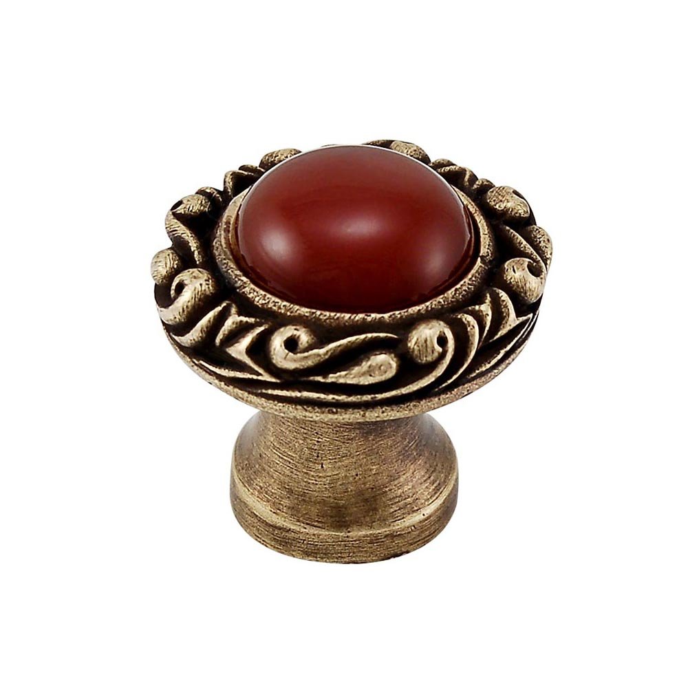 Vicenza Hardware 1" Round Knob with Small Base with Stone Insert in Antique Brass with Carnelian Insert