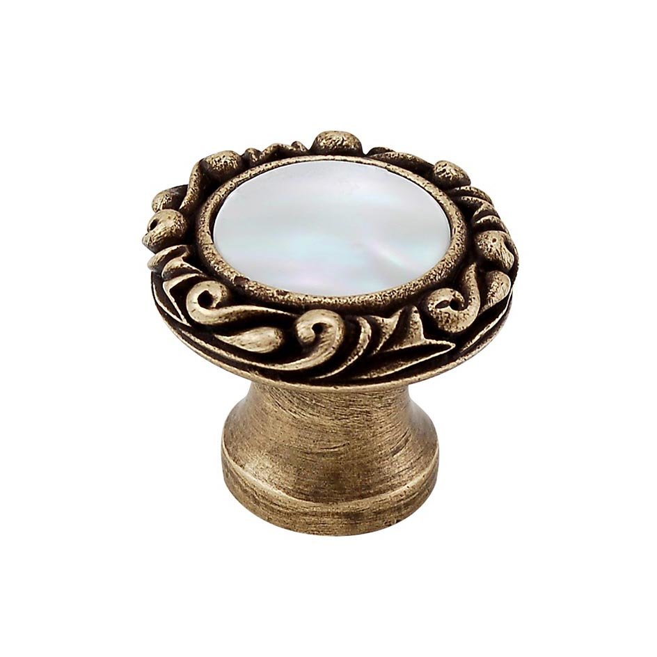 Vicenza Hardware 1" Round Knob with Small Base with Stone Insert in Antique Brass with Mother Of Pearl Insert