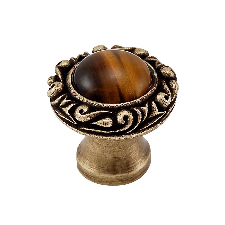 Vicenza Hardware 1" Round Knob with Small Base with Stone Insert in Antique Brass with Tigers Eye Insert