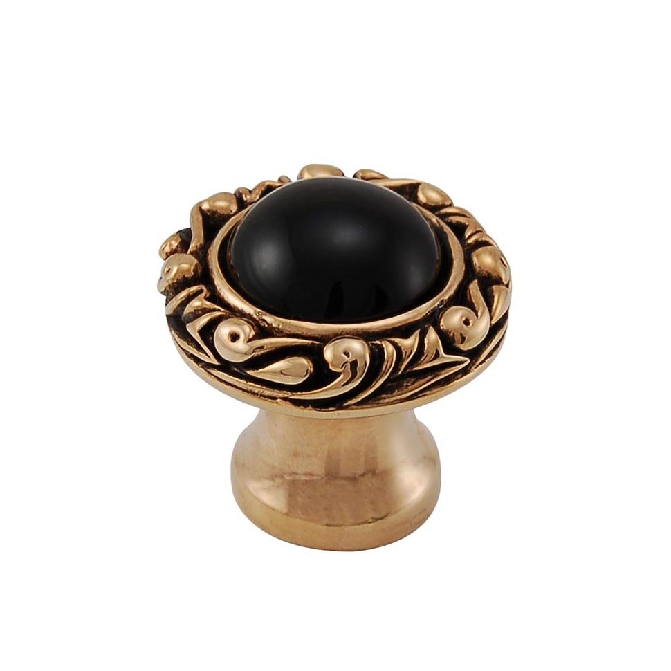 Vicenza Hardware 1" Round Knob with Small Base with Stone Insert in Antique Gold with Black Onyx Insert