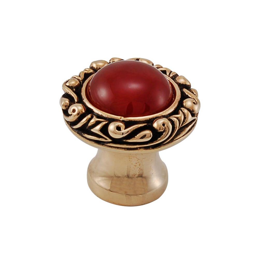 Vicenza Hardware 1" Round Knob with Small Base with Stone Insert in Antique Gold with Carnelian Insert