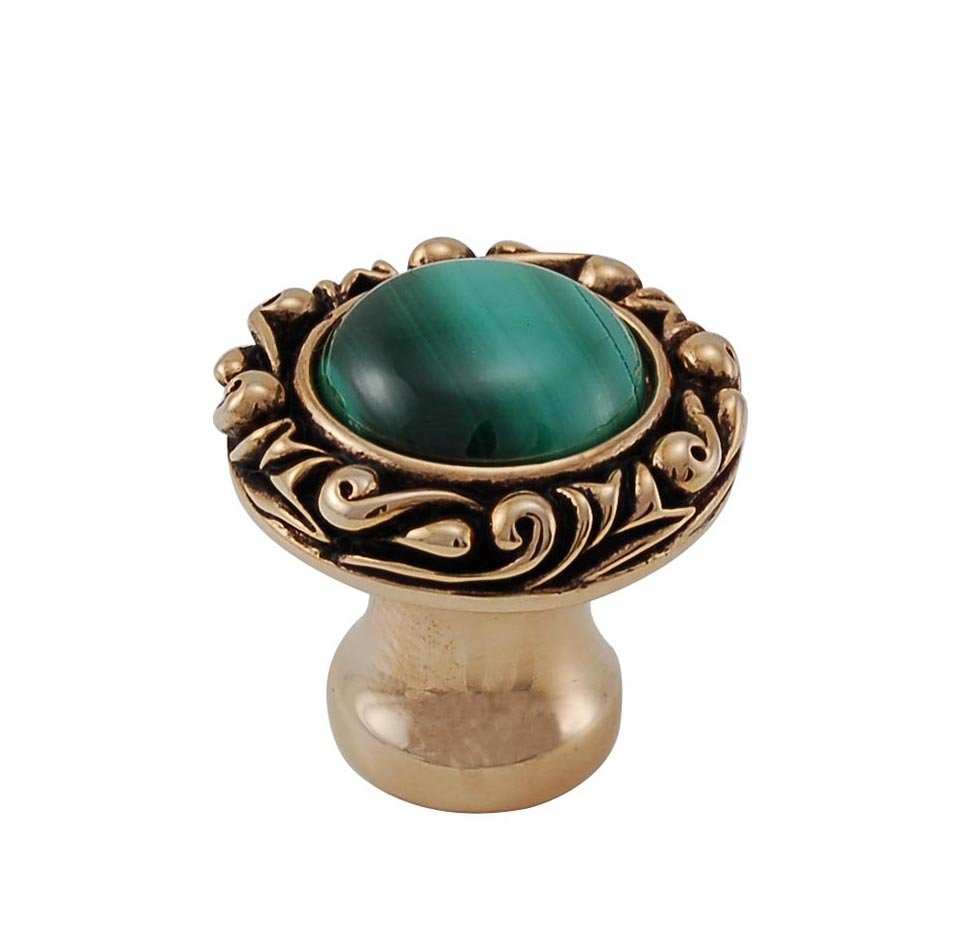 Vicenza Hardware 1" Round Knob with Small Base with Stone Insert in Antique Gold with Malachite Insert
