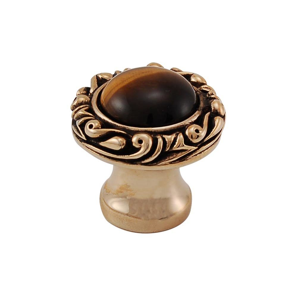 Vicenza Hardware 1" Round Knob with Small Base with Stone Insert in Antique Gold with Tigers Eye Insert