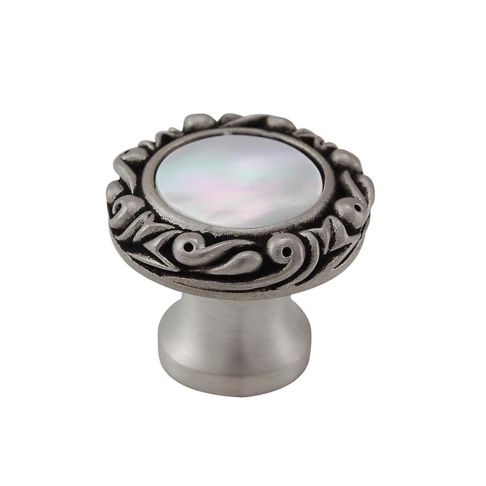 Vicenza Hardware 1" Round Knob with Small Base with Stone Insert in Antique Nickel with Mother Of Pearl Insert
