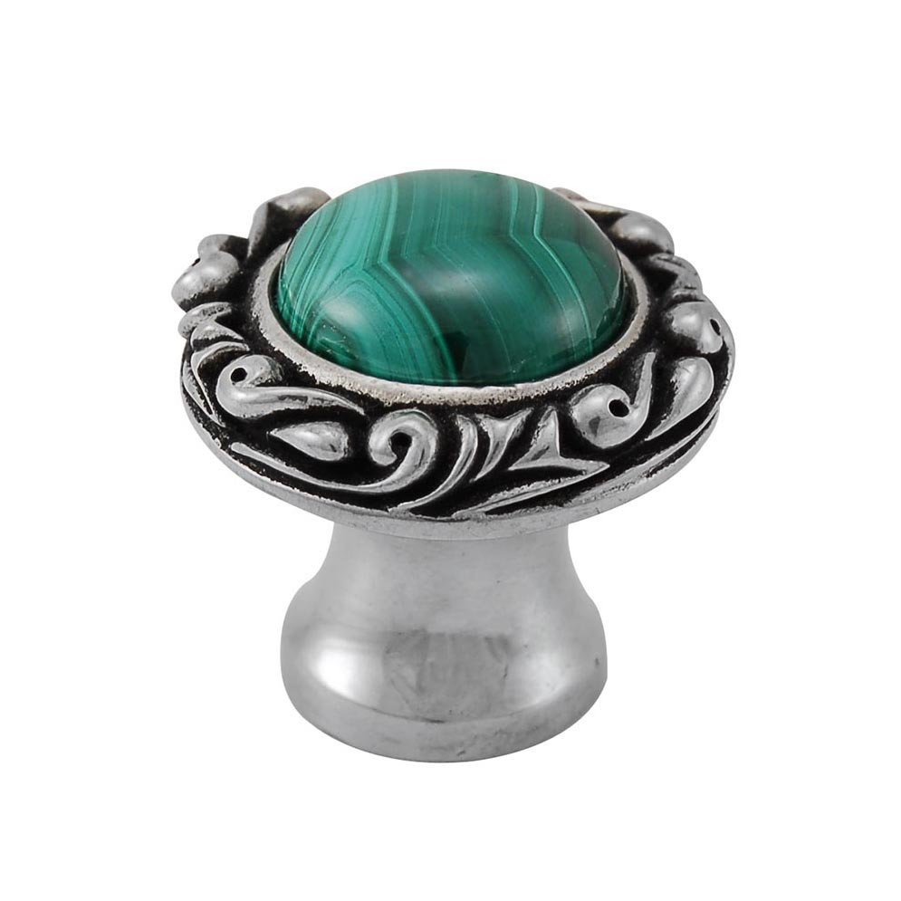 Vicenza Hardware 1" Round Knob with Small Base with Stone Insert in Antique Silver with Malachite Insert